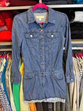 Michael Kors blue temple blend long sleeve 6 pocket button front romper size 0